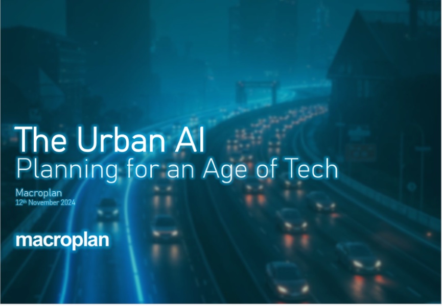 The presentation’s title slide: The Urban AI, Planning for an Age of Tech, Macroplan, 12 November 2024, over a motorway at dusk.